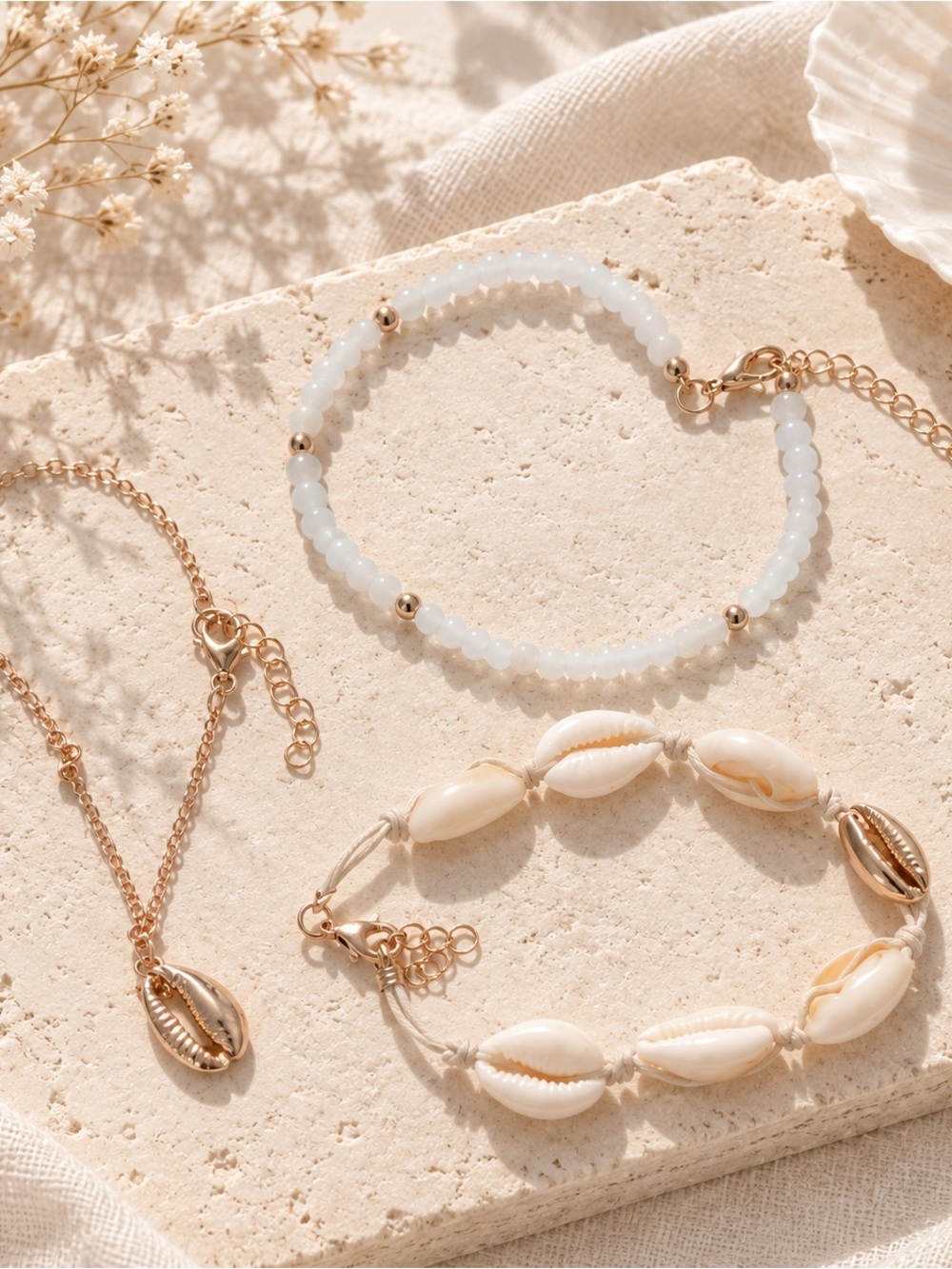 White Beaded and Shell Bracelet Set - Brand